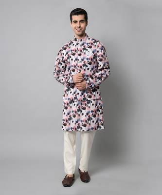 Wrinkle free Multi coloured hand painted kurta jacket set 1