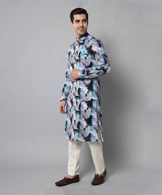 Wrinkle free Multi coloured hand painted kurta jacket set 2