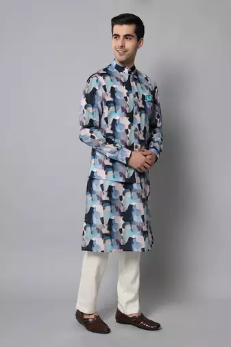 Wrinkle free Multi coloured hand painted kurta jacket set