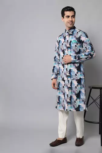 Wrinkle free Multi coloured hand painted kurta jacket set