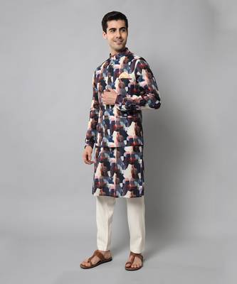 Wrinkle free Multi coloured hand painted kurta jacket set 2