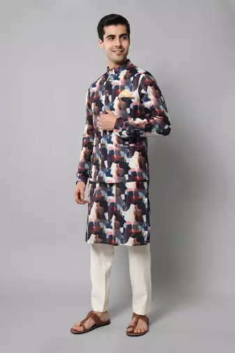 Wrinkle free Multi coloured hand painted kurta jacket set