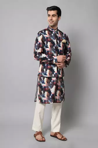 Wrinkle free Multi coloured hand painted kurta jacket set