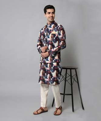 Wrinkle free Multi coloured hand painted kurta jacket set 5