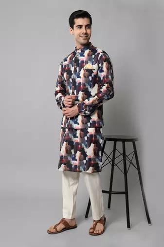 Wrinkle free Multi coloured hand painted kurta jacket set