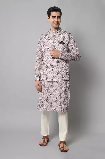 Wrinkle free Off white maroon tie dye kurta jacket set
