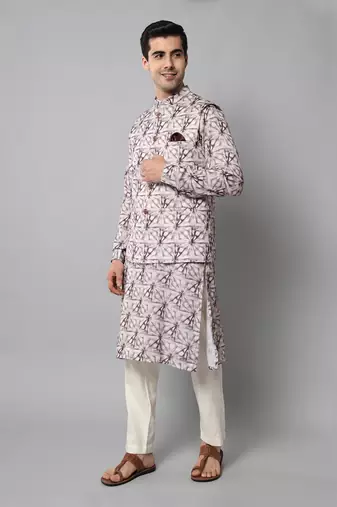 Wrinkle free Off white maroon tie dye kurta jacket set