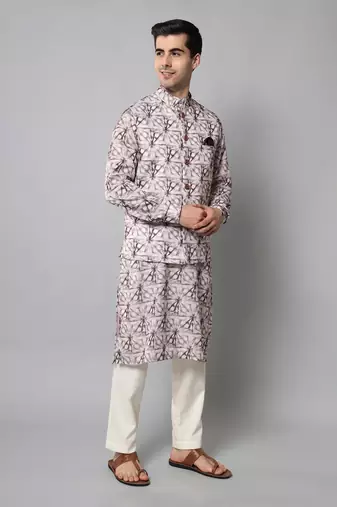 Wrinkle free Off white maroon tie dye kurta jacket set