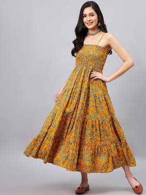Yellow printed cotton short-dresses 1