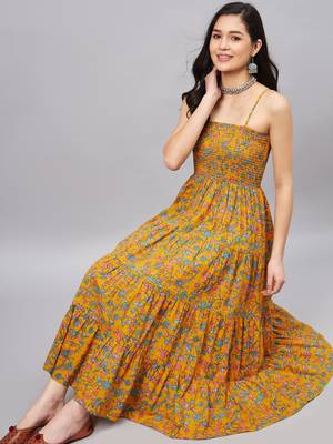 Yellow printed cotton short-dresses 3