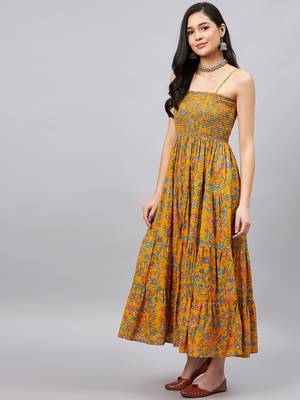 Yellow printed cotton short-dresses 4