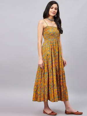Yellow printed cotton short-dresses 5