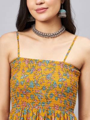 Yellow printed cotton short-dresses 6