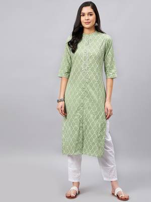 Light-green printed cotton ethnic-kurtis 1