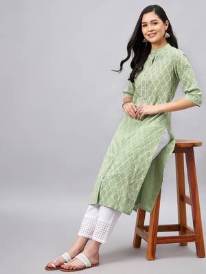 Light-green printed cotton ethnic-kurtis 2