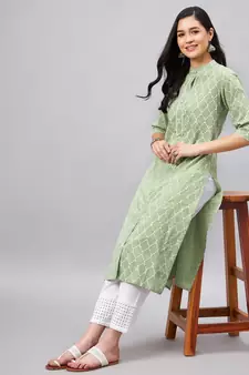 Light-green printed cotton ethnic-kurtis
