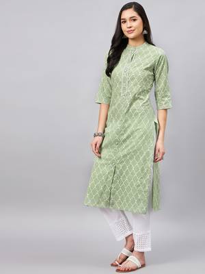 Light-green printed cotton ethnic-kurtis 3