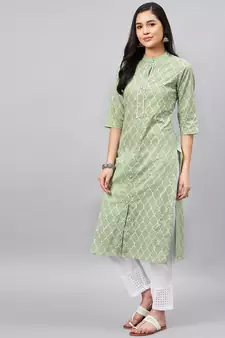 Light-green printed cotton ethnic-kurtis