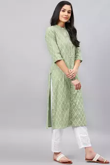 Light-green printed cotton ethnic-kurtis