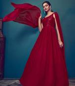 RED THREAD AND SEQUINCE EMBROIDERED WORK GEORGETTE ANARKALI LONG SALWAR SUIT WITH FANCY SHOULDER DUPATTA STITCHED GOWN