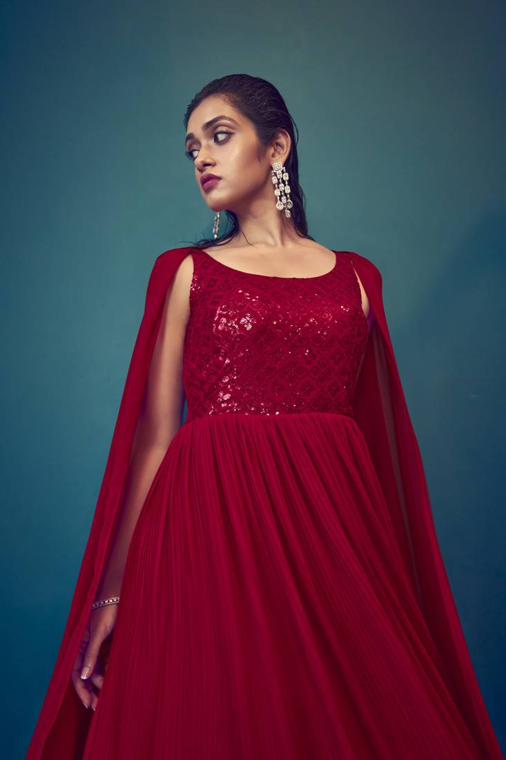 RED THREAD AND SEQUINCE EMBROIDERED WORK GEORGETTE ANARKALI LONG SALWAR SUIT WITH FANCY SHOULDER DUPATTA STITCHED GOWN