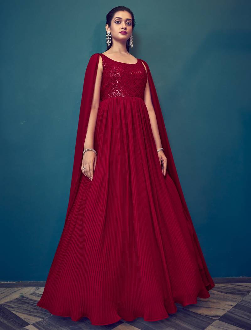 RED THREAD AND SEQUINCE EMBROIDERED WORK GEORGETTE ANARKALI LONG SALWAR SUIT WITH FANCY SHOULDER DUPATTA STITCHED GOWN