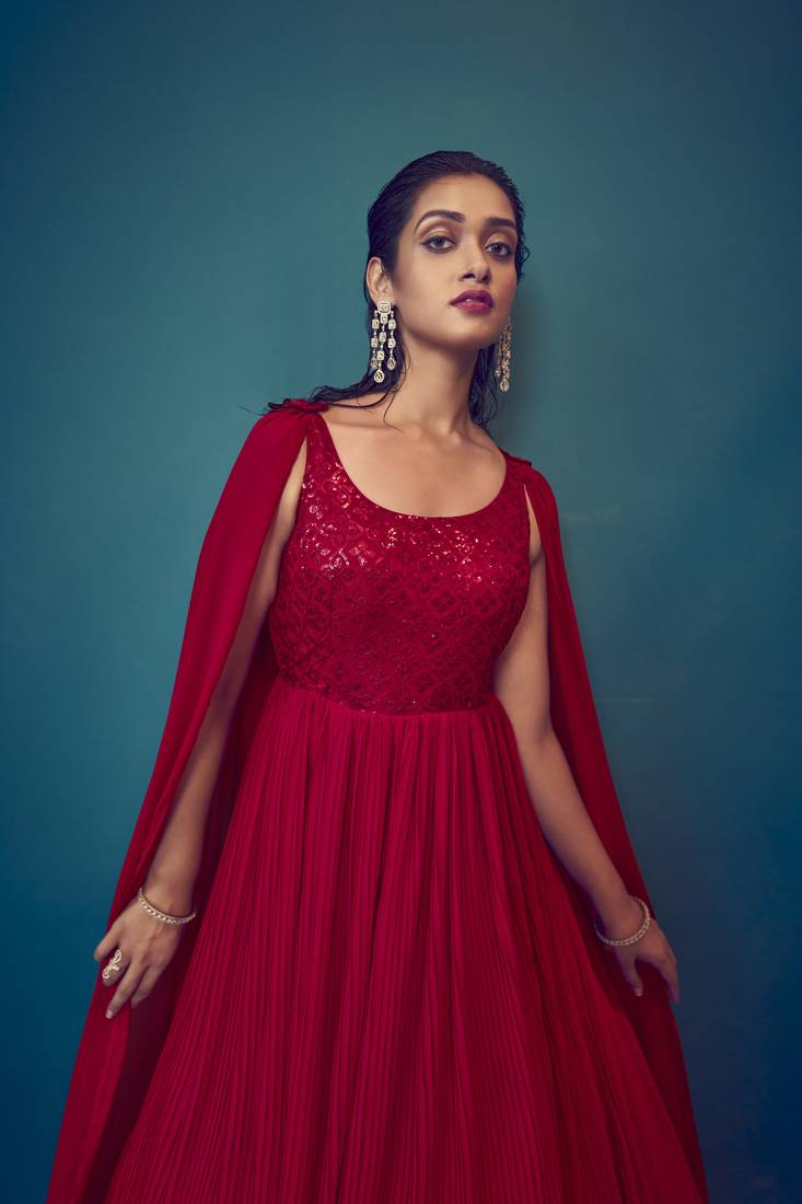 RED THREAD AND SEQUINCE EMBROIDERED WORK GEORGETTE ANARKALI LONG SALWAR SUIT WITH FANCY SHOULDER DUPATTA STITCHED GOWN