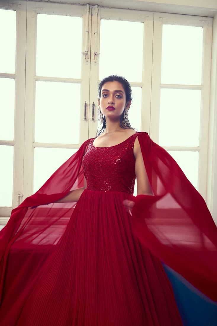 RED THREAD AND SEQUINCE EMBROIDERED WORK GEORGETTE ANARKALI LONG SALWAR SUIT WITH FANCY SHOULDER DUPATTA STITCHED GOWN