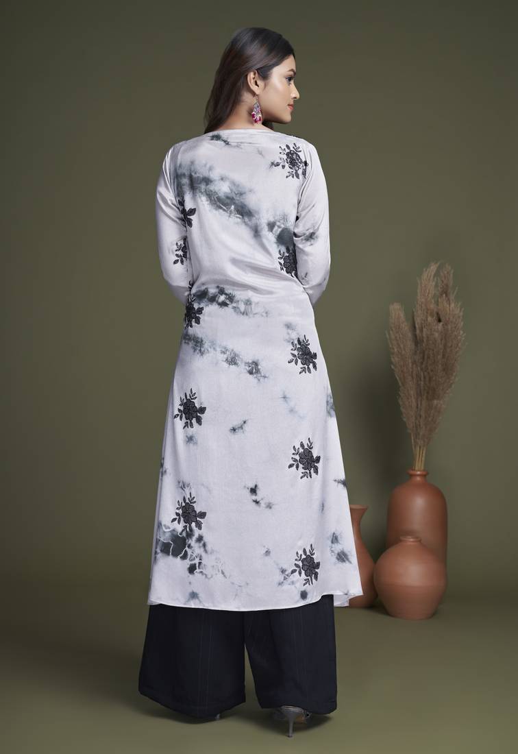 BLACK & WHITE EMBROIDERED WORK SILK & GEORGETTE LONG SHRUG-KOTI BLOUSE & PLAZZO STITCHED