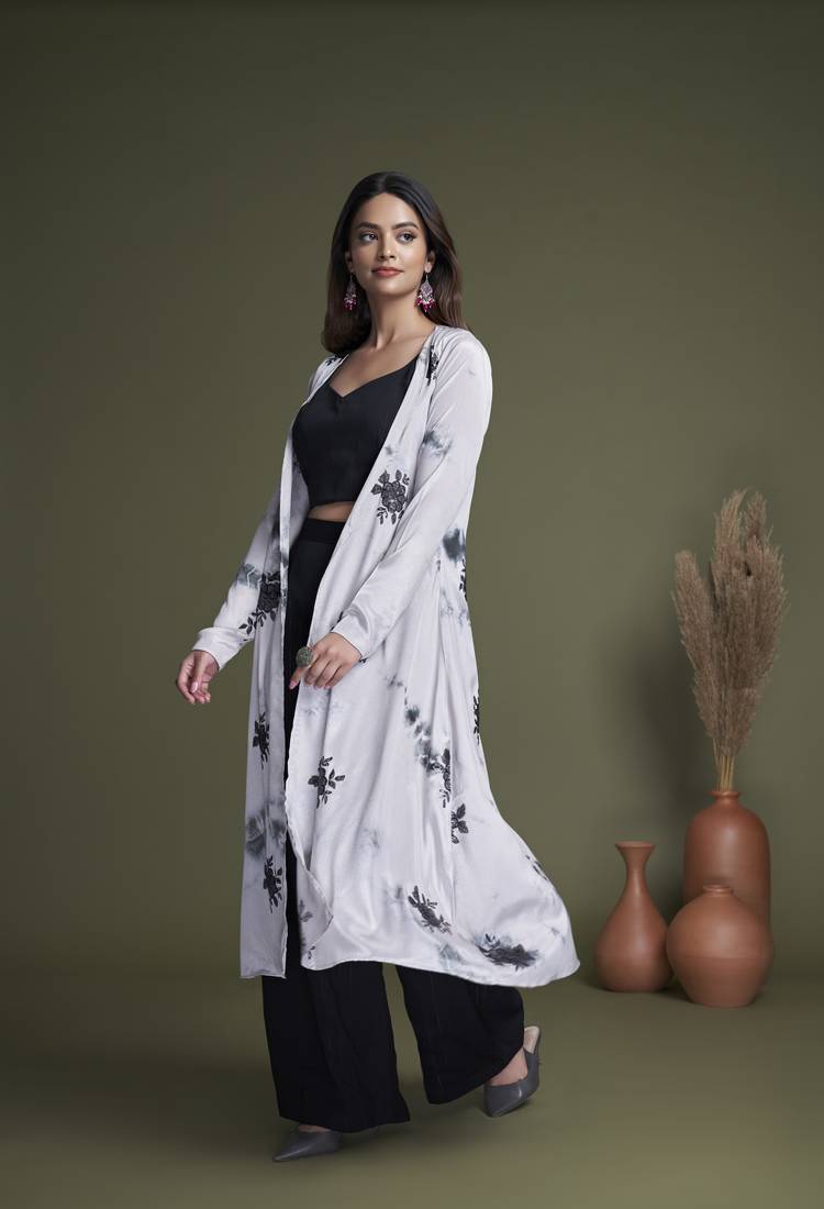 BLACK & WHITE EMBROIDERED WORK SILK & GEORGETTE LONG SHRUG-KOTI BLOUSE & PLAZZO STITCHED