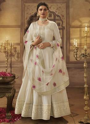 White Dola Silk Embroidery Anarkali Semistitched Suit 1