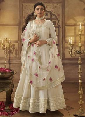 White Dola Silk Embroidery Anarkali Semistitched Suit 2