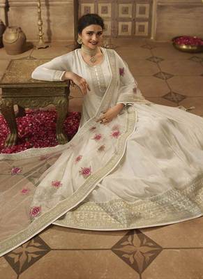 White Dola Silk Embroidery Anarkali Semistitched Suit 3
