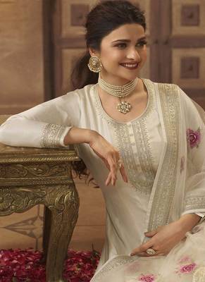 White Dola Silk Embroidery Anarkali Semistitched Suit 5