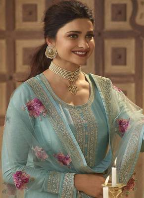 Sky Blue Dola Silk Embroidery Anarkali Semistitched Suit 2