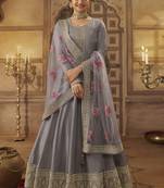 Prachi Desai Grey Dola Silk Embroidery Anarkali Semistitched Suit