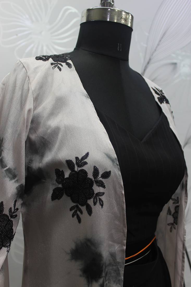 BLACK & WHITE EMBROIDERED WORK SILK & GEORGETTE LONG SHRUG-KOTI BLOUSE & PLAZZO STITCHED