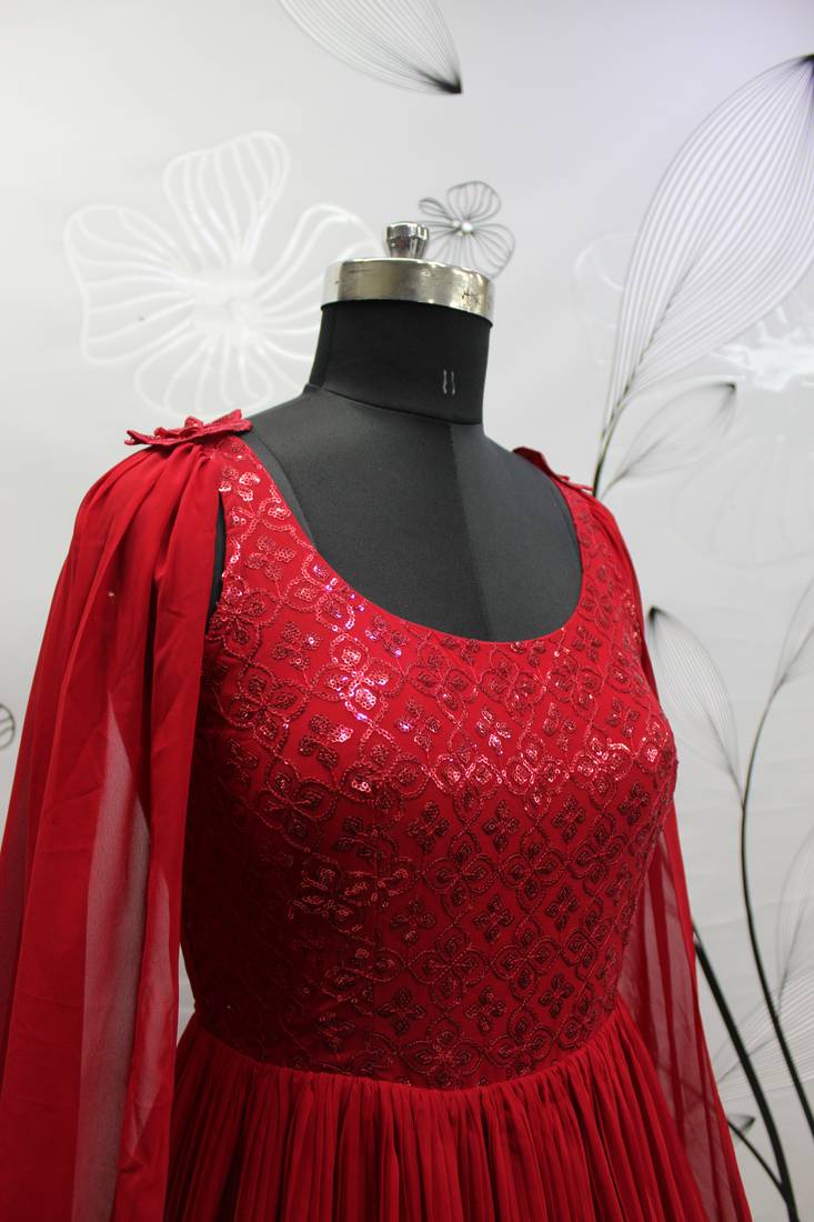 RED THREAD AND SEQUINCE EMBROIDERED WORK GEORGETTE ANARKALI LONG SALWAR SUIT WITH FANCY SHOULDER DUPATTA STITCHED GOWN