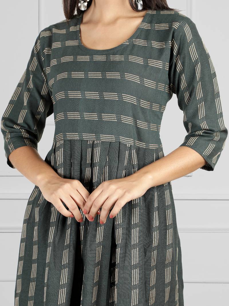 Dark-green woven cotton ethnic-kurtis