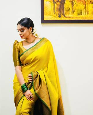 Yellow Banarasi Silk Saree With Blouse Piece 2