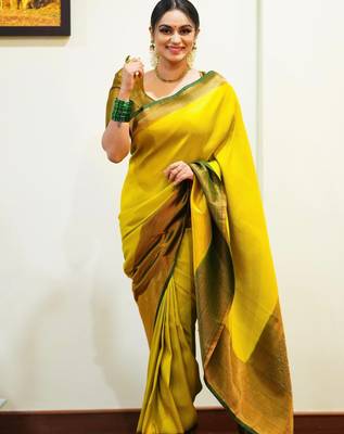 Yellow Banarasi Silk Saree With Blouse Piece 3