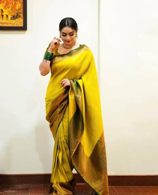 Yellow Banarasi Silk Saree With Blouse Piece 4