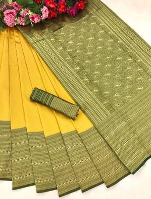 Yellow Banarasi Silk Saree With Blouse Piece 6