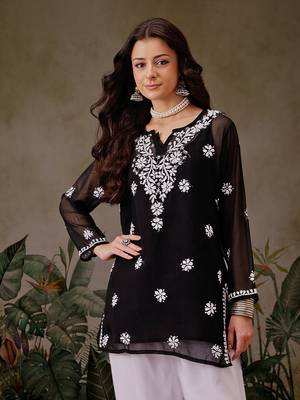 Hand Embroidered Black Georgette Lucknowi Chikankari Indian Women Straight Kurti With Slip 1