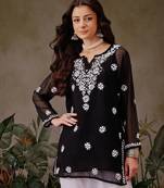 Hand Embroidered Black Georgette Lucknowi Chikankari Indian Women Straight Kurti With Slip