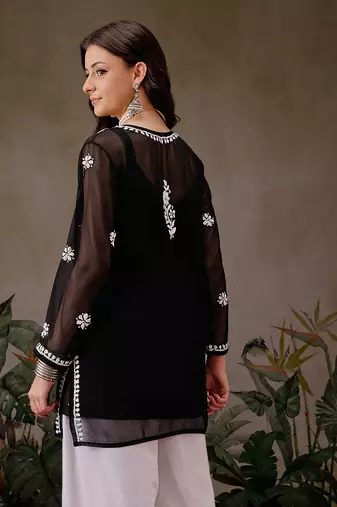 Hand Embroidered Black Georgette Lucknowi Chikankari Indian Women Straight Kurti With Slip