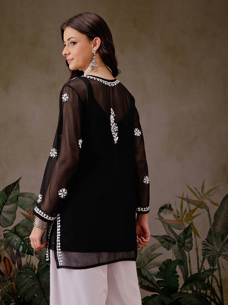 Hand Embroidered Black Georgette Lucknowi Chikankari Indian Women Straight Kurti With Slip