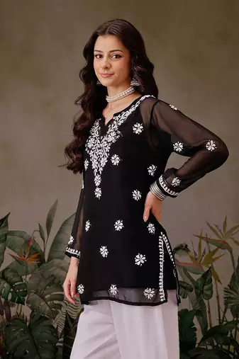 Hand Embroidered Black Georgette Lucknowi Chikankari Indian Women Straight Kurti With Slip