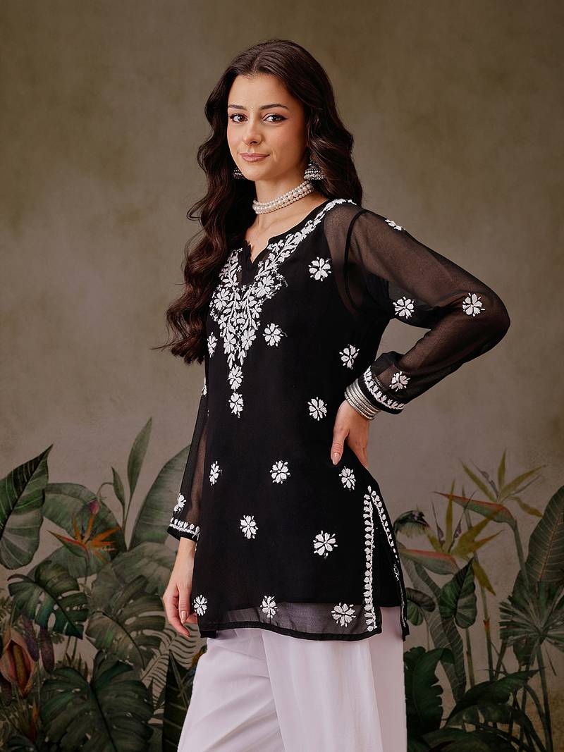 Hand Embroidered Black Georgette Lucknowi Chikankari Indian Women Straight Kurti With Slip