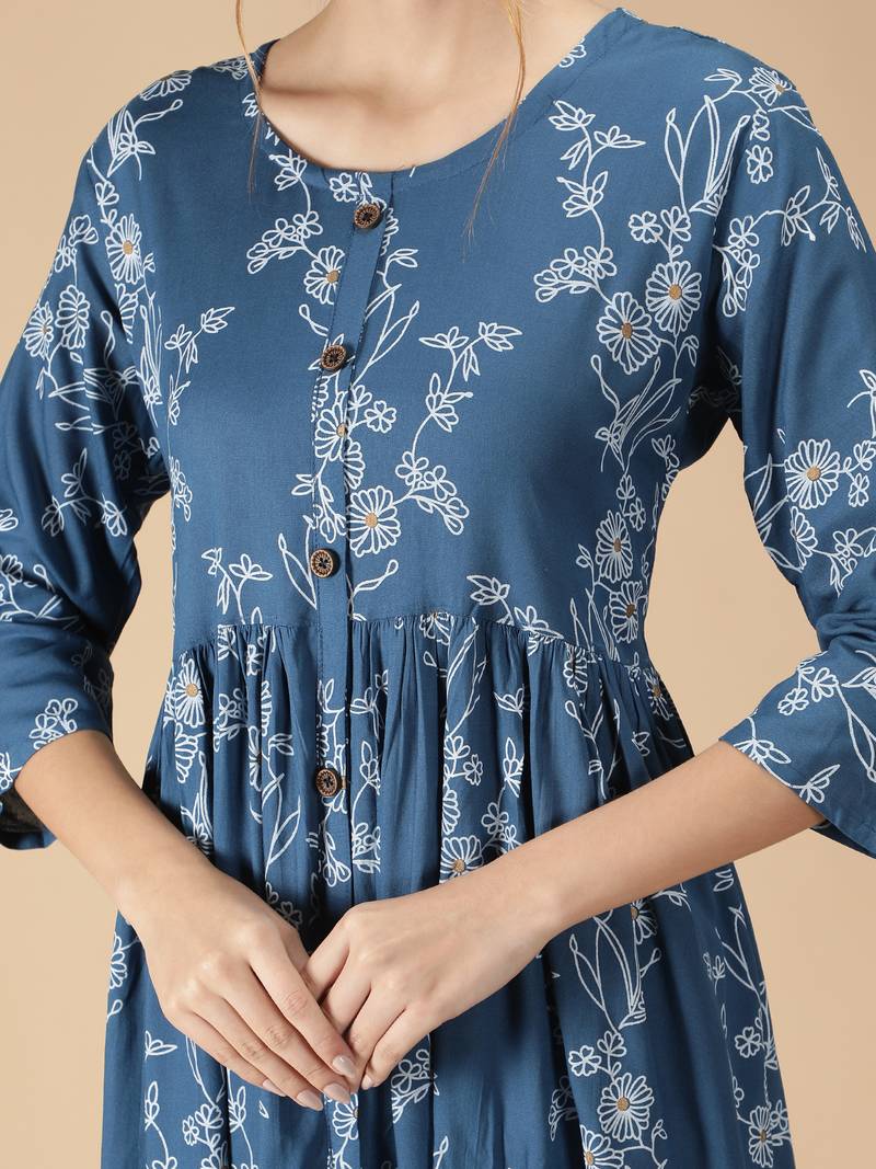 Rayon Flared & Front Slit Floral Foil Printed Women Kurti (Blue)